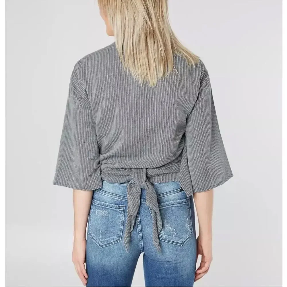 White Crow Buckle Louise Striped Woven Tie Wrap Top Womens Medium Gray 100Cotton
